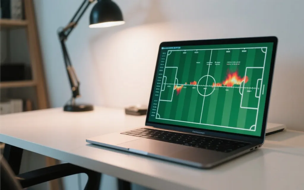 战术分析界面示意：球场俯视图、跑动热区、事件时间线与多屏布局